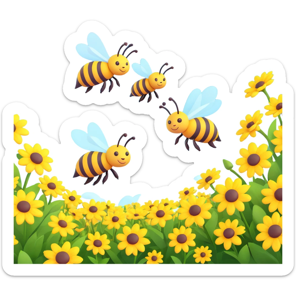 Two bees flying above yellow flowers with a yellow background and a sun in the sky sticker
