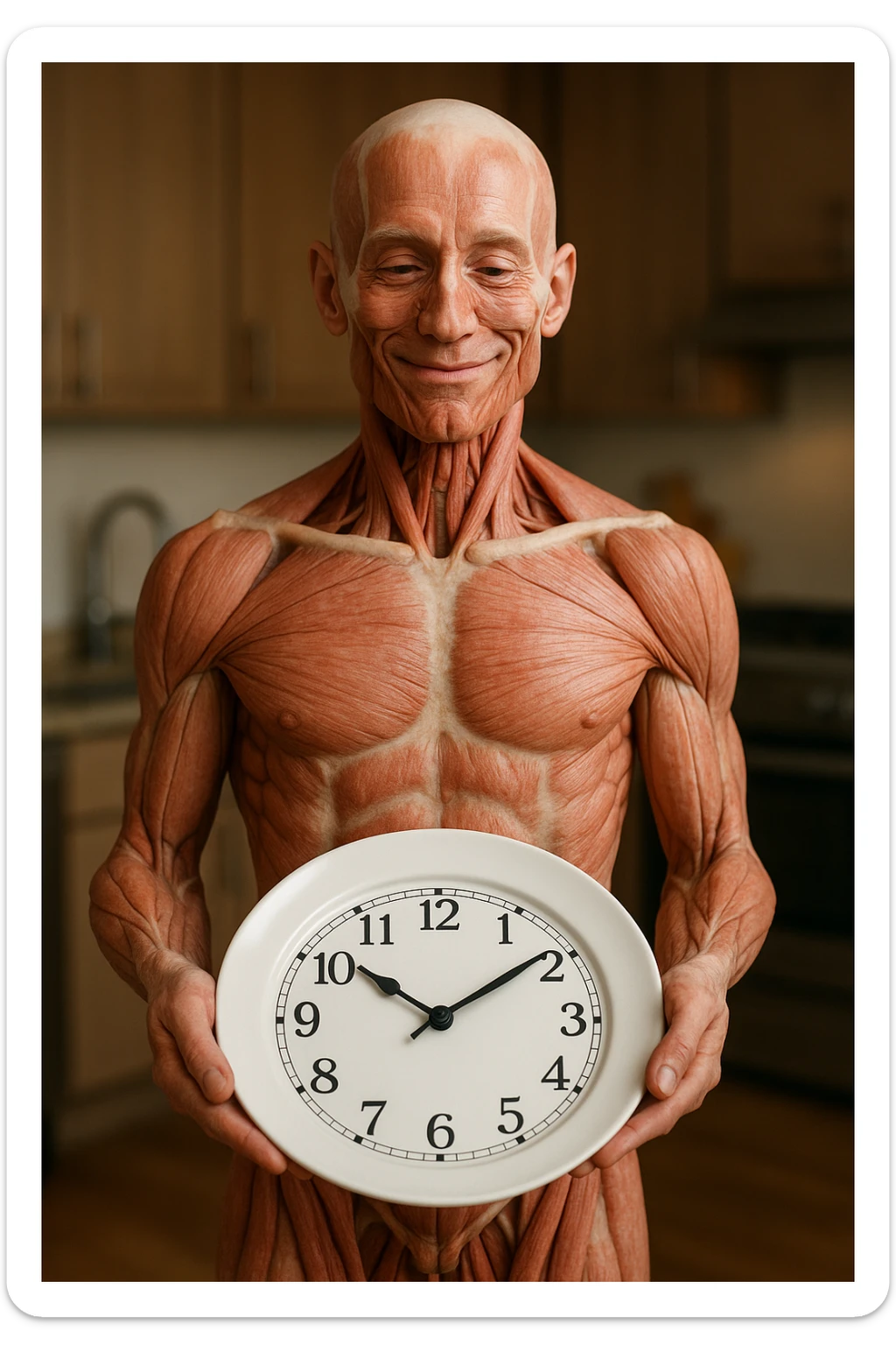 corpo umano anatomico, che tiene in mano un piatto bianco con la lancette di un orologio sopra, figura visibile fino ai fianchi, espressione del volto soddisfatta, sullo sfondo la sua cucina sfocata, iperrealistico 4k sticker