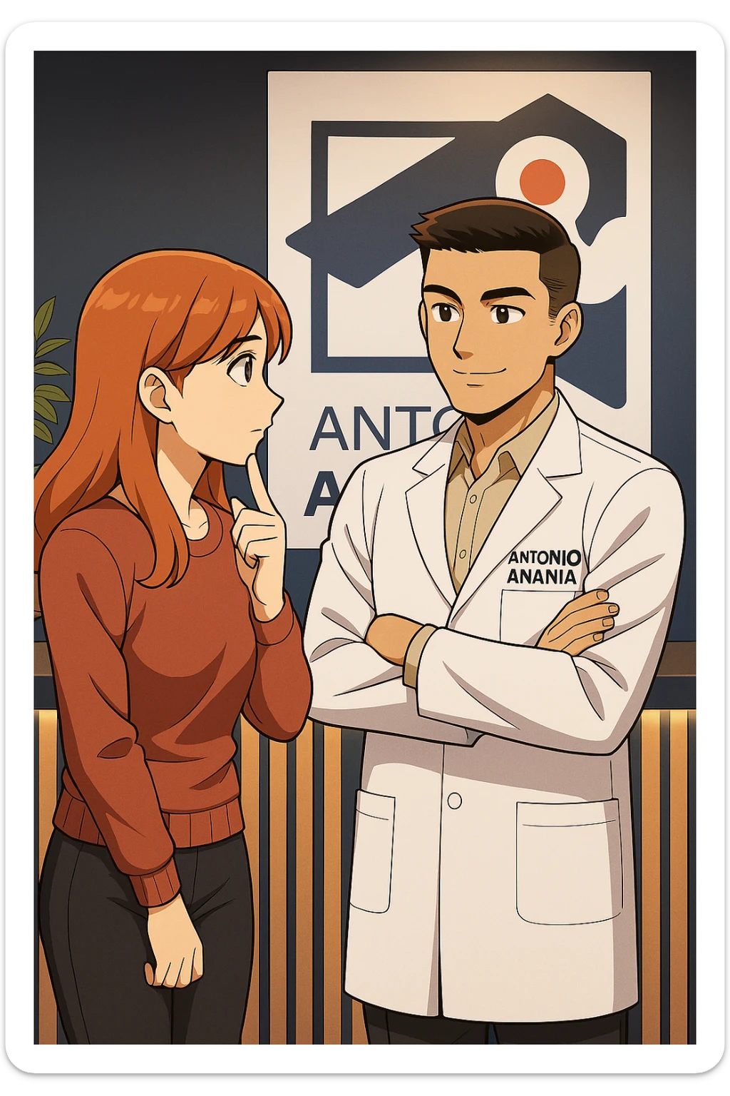 su questo stile fai un manga/webtoon a colori in cui una donna SI TOCCA IL MENTO MENTRE FA UNA DOMANDA ALL'UOMO, l'uomo della foto in stile manga LE SPIEGA CHE DEVE PROVARE LA SUA VALUTAZIONE MEDICA, mantieni un ambiente simile alla foto che ho allegato con il suo logo (sarebbe il suo studio, lui è un kinesiologo), scrivigli "ANTONIO ANANIA" sul camice bianco, non mettere fumetti, ma fai in modo che sembri che la donna CHIEDA E  l'uomo RISPONDA sticker