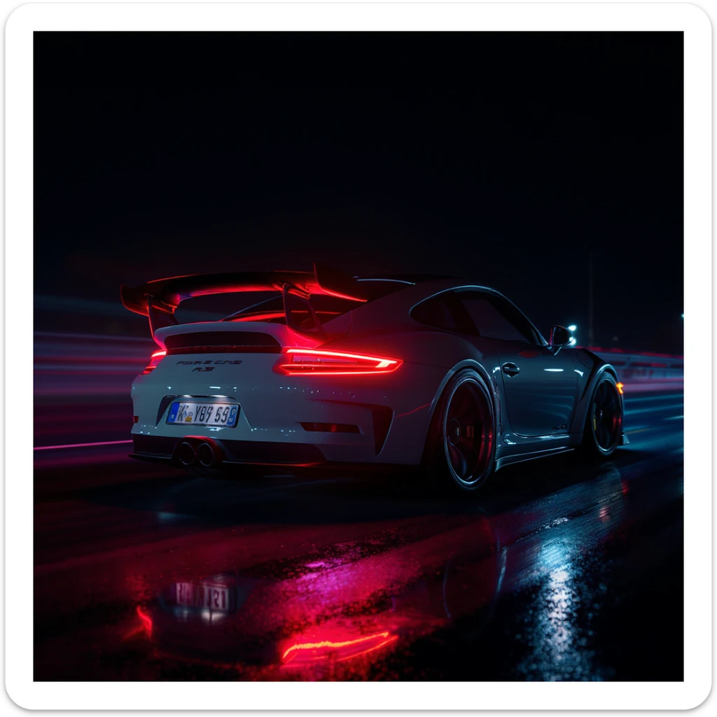 Cinematic still of a porsche 911, gt3 rs night photo, red lights and blue bright night  sticker
