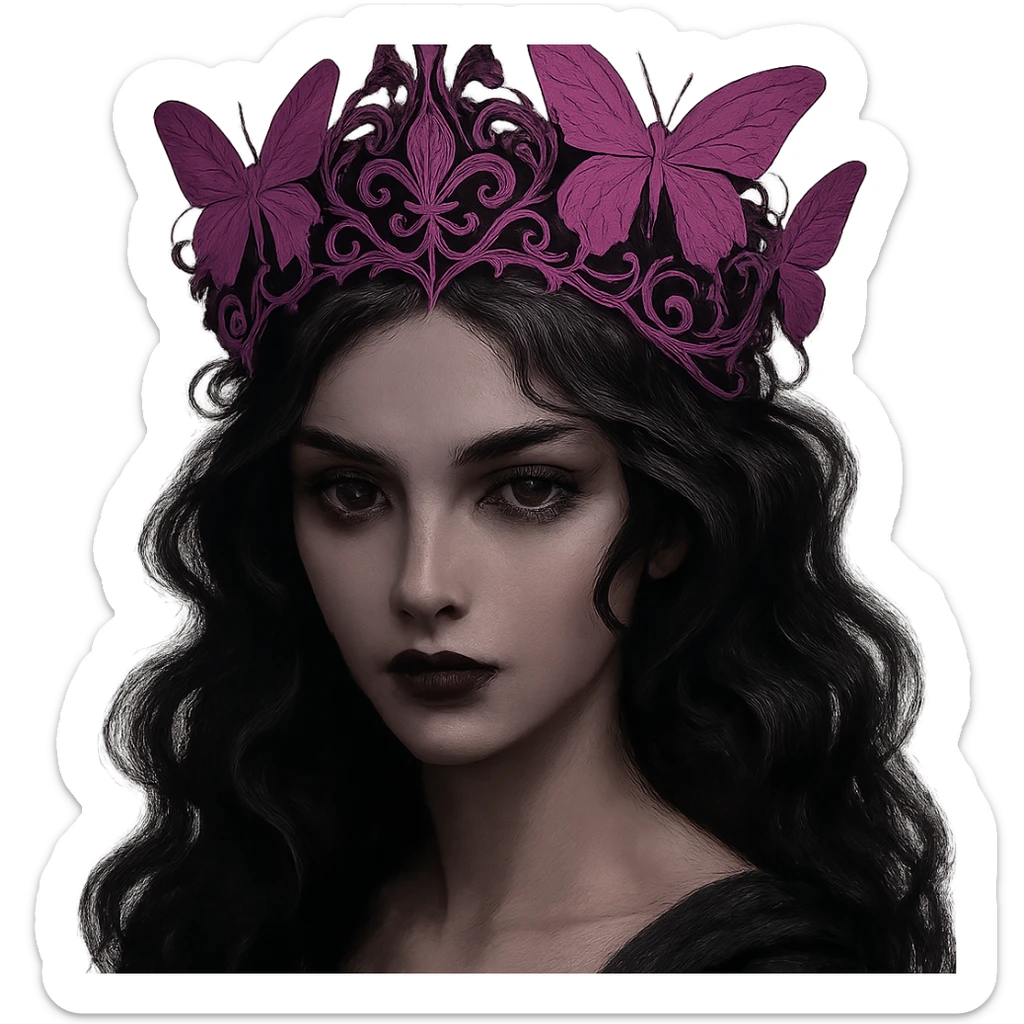 Change the butterfly crown to matte pink with purple butterflies and gothic filigree, mysterious and elegant. Keep the background transparent. sticker