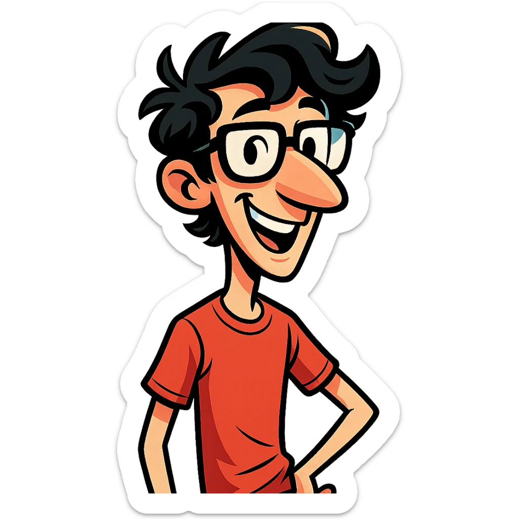 vibrant toon style skinny white boy with wavy black hair, big nose, black glasses sticker