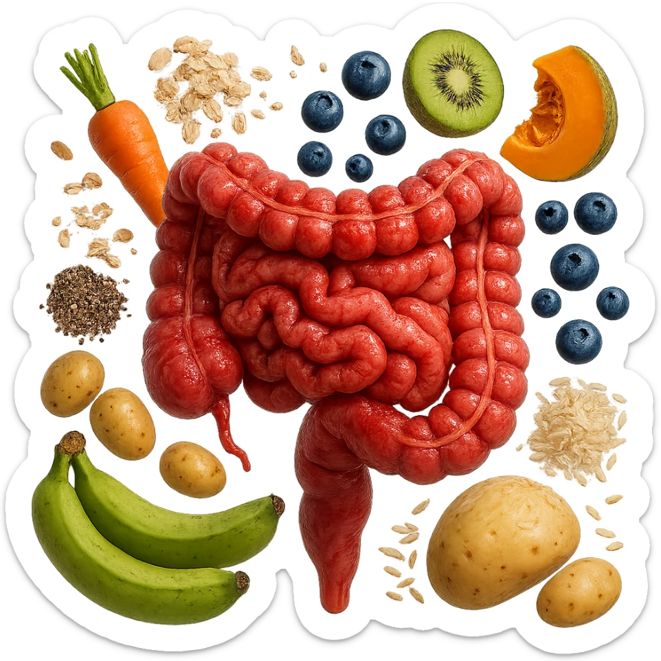 intestino umano anatomico infiammato con carota, fiocchi di avena, zucchine, kiwi, mirtilli, semi di chia, patate, banane acerbe, zucca, riso che gli fluttuano dietro, iperrealistico 4k sticker