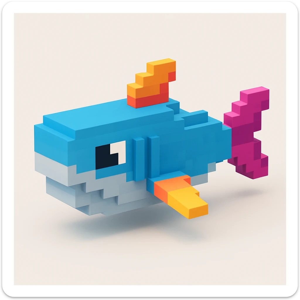voxel style shark, side view, blocky, blue and gray, stylized fins sticker