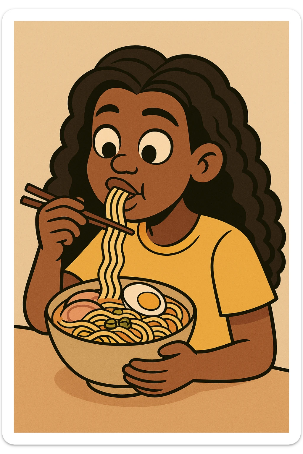dark skin African American girl with long curly black hair, wearing a yellow shirt, eating a bowl of ramen, cartoon style sticker