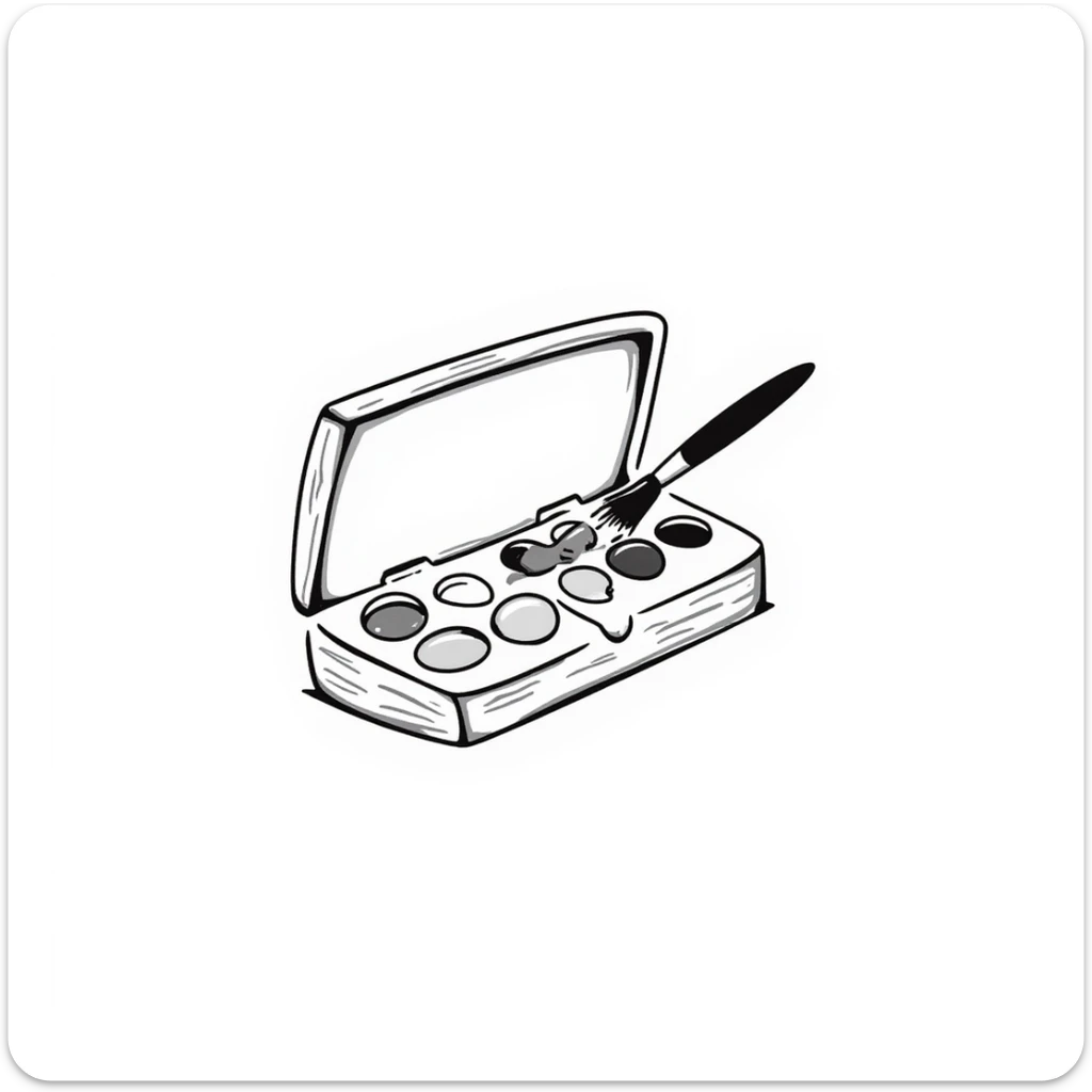 A watercolor paint box with paintbrush and color wells in pastel colors (dd9fb0, ffc6d3, a3bfc9, c4bee2, f1b091), hand-drawn doodle style sticker