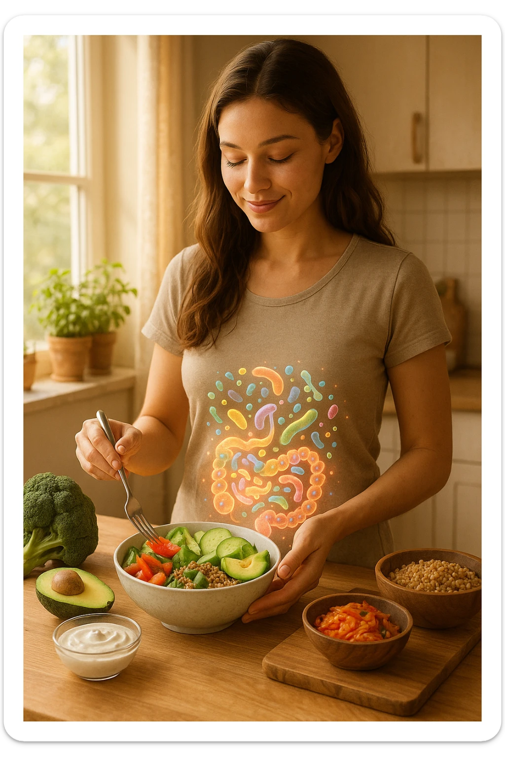 A realistic, warm-toned image of a young woman in a bright, cozy kitchen preparing a healthy meal rich in fiber and probiotics. She smiles softly, focused and calm, as she adds fresh vegetables, fermented foods like yogurt or kimchi, and whole grains to a bowl. Around her abdomen, a subtle, glowing overlay of balanced gut flora—colorful, friendly bacteria and microbes—swirls gently, symbolizing intestinal health and harmony. The setting is natural and inviting, with sunlight streaming through the window, potted herbs on the counter, and clean wooden surfaces. The overall mood conveys wellness, self-care, and the positive journey toward gut balance sticker
