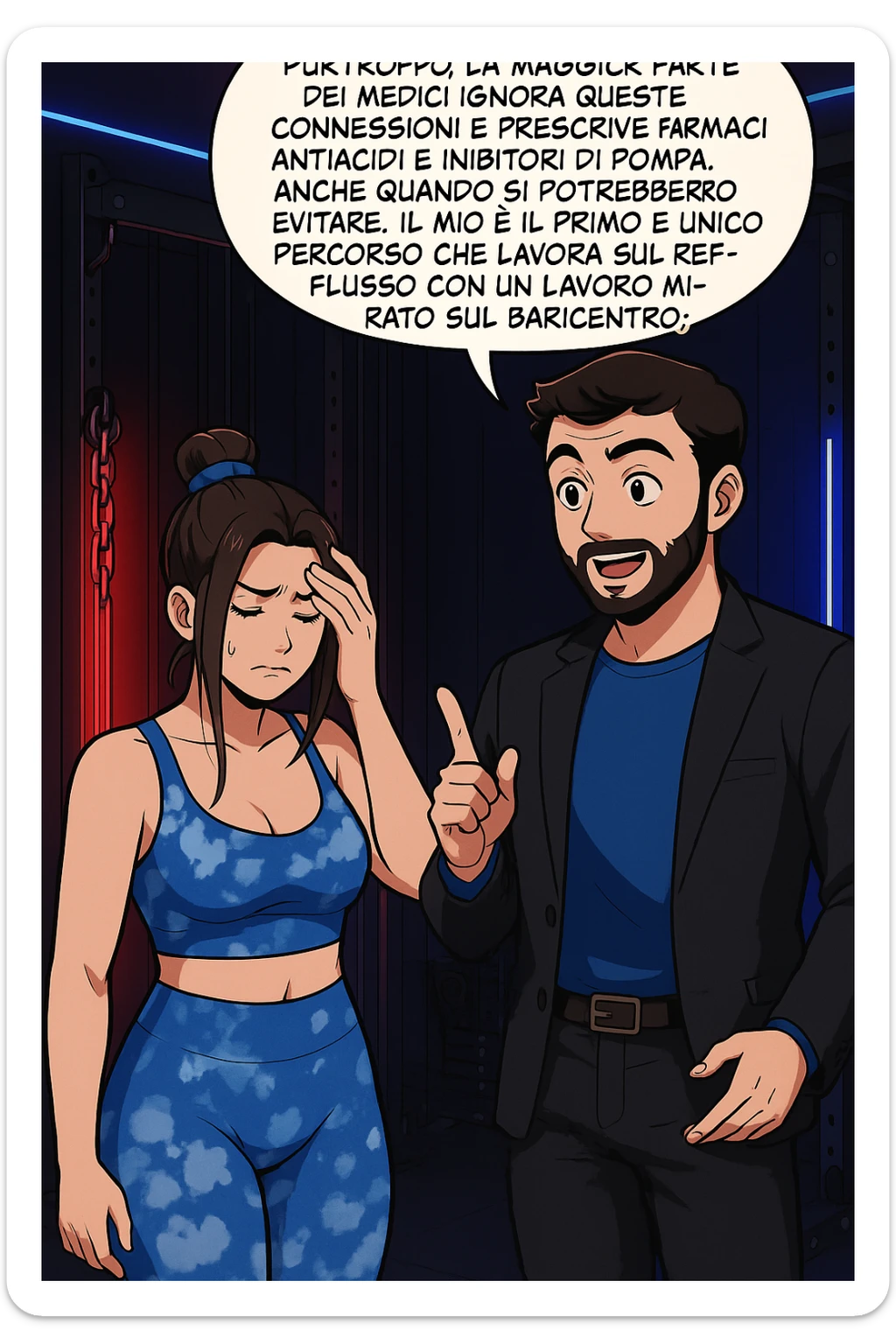 TRASFORMA QUESTO CAROSELLO IN UN FUMETTO STILE WEBTOON/MANGA A COLORI CON QUESTE DUE PERSONE IDENTICHE CHE INTERLOQUISCONO TRA LORO, L'uomo sta spiegando alla donna questo concetto MENTRE LA DONNA SI TIENE la mano sulla fronte sconcertata:

LUI (UOMO): Purtroppo, la maggior parte dei medici ignora queste connessioni e prescrive farmaci antiacidi e inibitori di pompa, anche quando si potrebbero evitare.
Il mio è il primo e unico percorso che lavora sul reflusso con un lavoro mirato sul baricentro; sticker