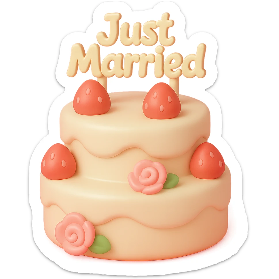 white wedding cake with strawberries, pink roses, 'Just Married' topper, vinyl figure style sticker