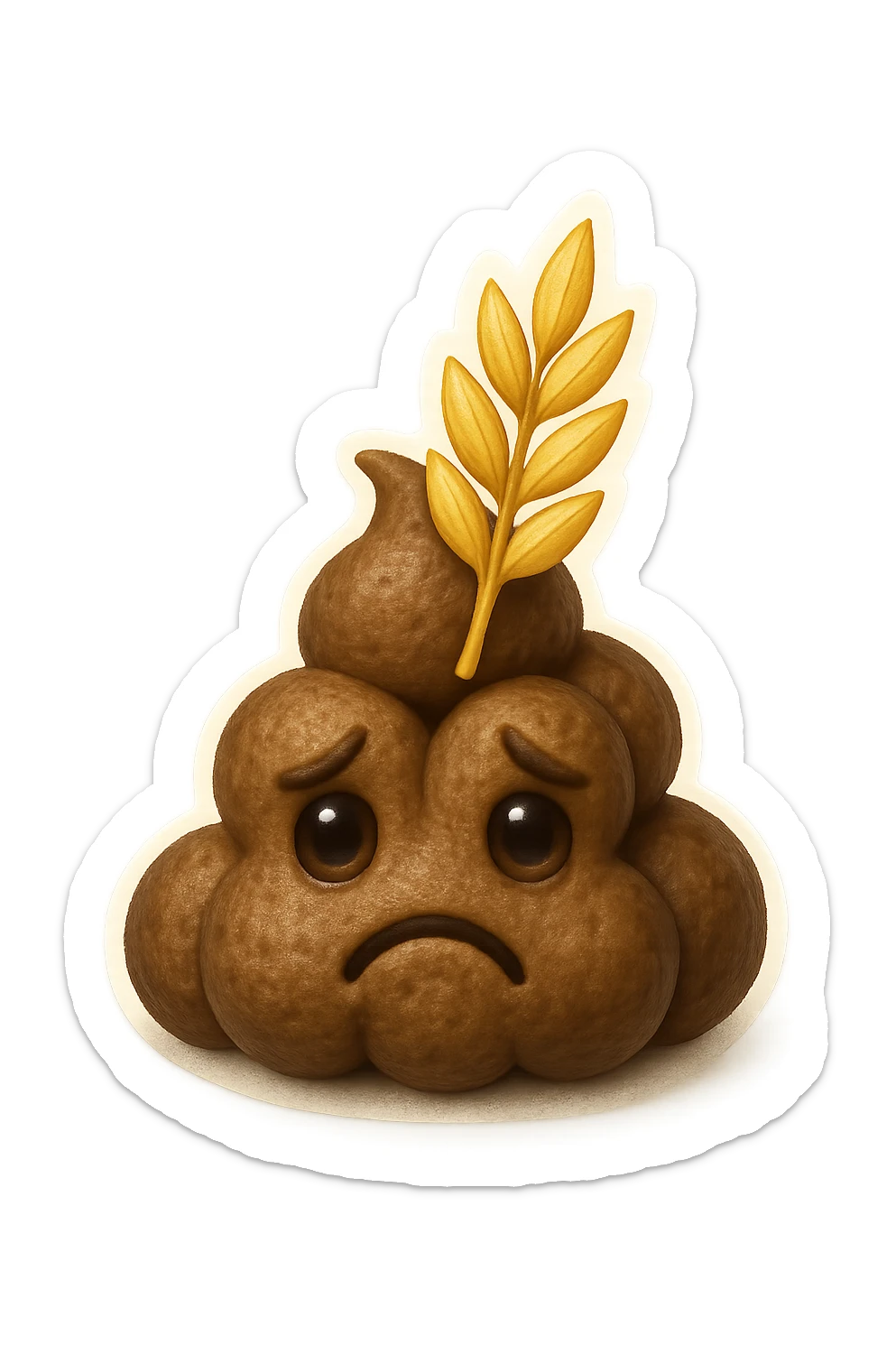 emoji stile iphone di una montagnetta di feci umane realistiche a palline tristi con sopra un simbolo del grano, iperrealistico 4k sticker