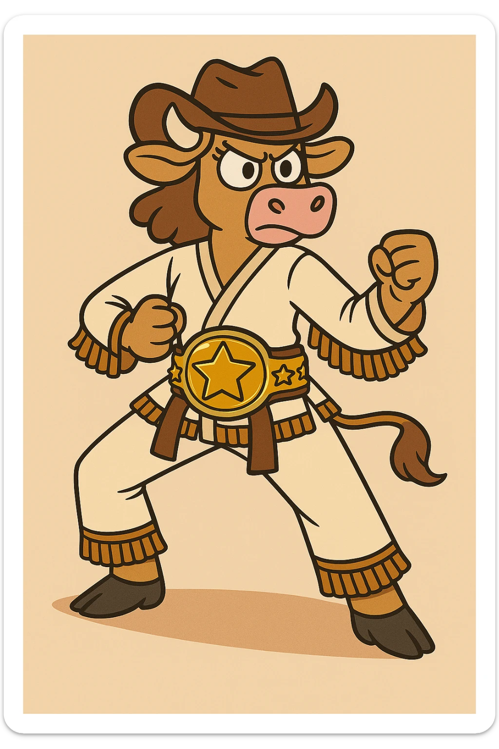 Add a large, shiny championship belt around her waist, making it prominent and detailed, in the same flat toon style. sticker