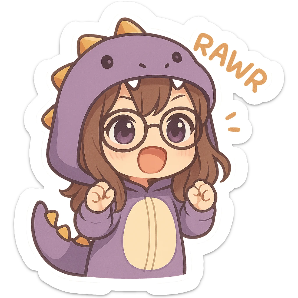 chibi anime style girl with glasses, brown hair, dark purple eyes, wearing a purple dinosaur costume, saying 'rawr' in a cute playful way, with a big open mouth sticker