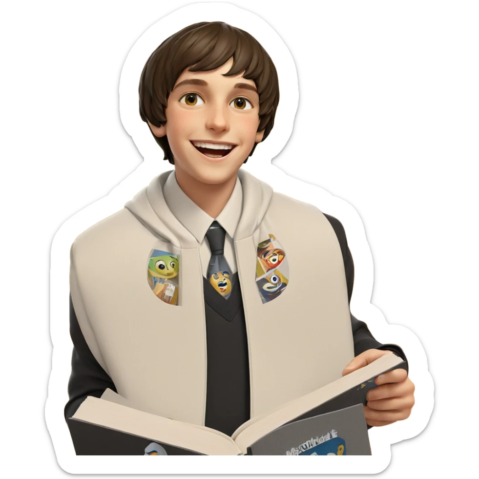 smiling boy with book jacket sticker