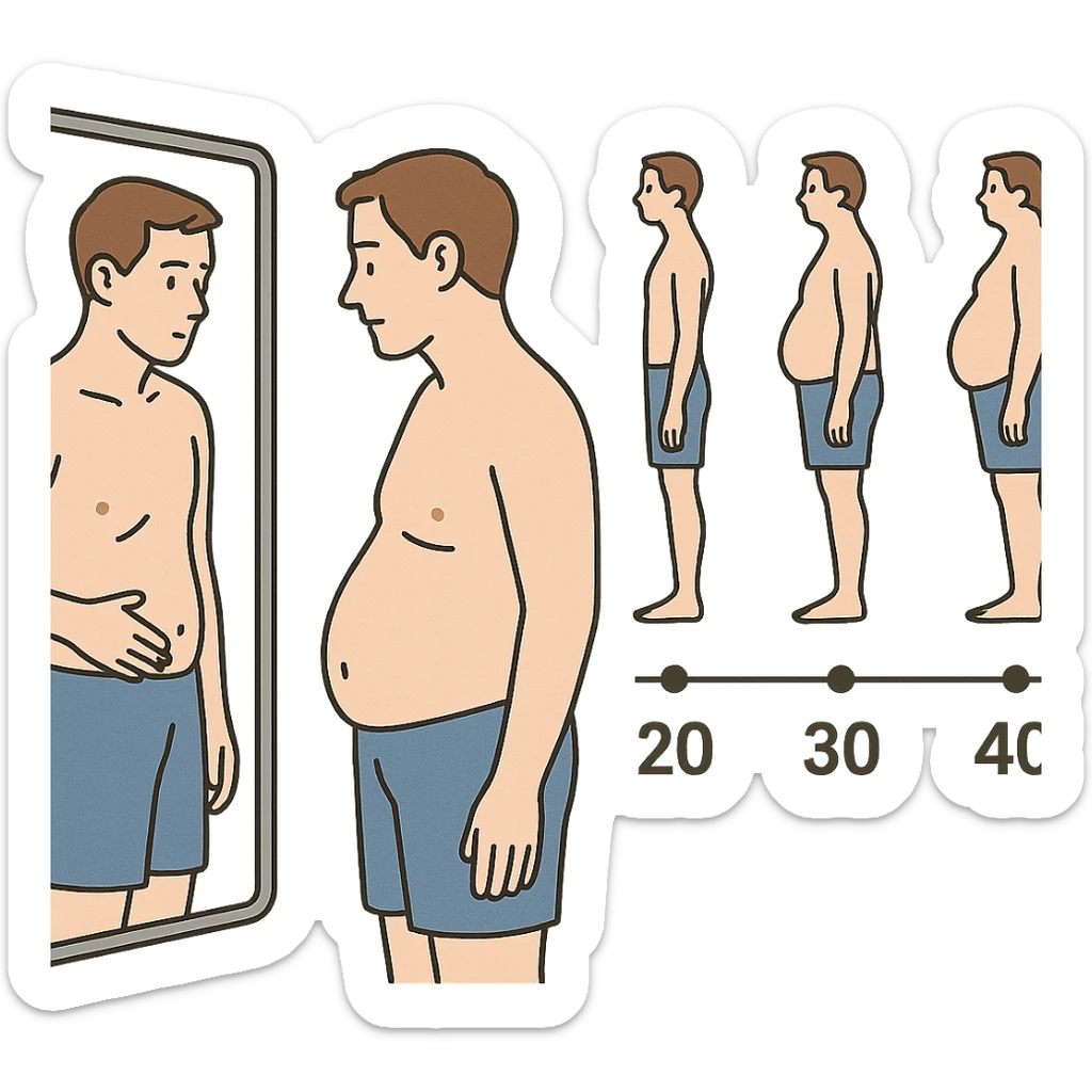 educational style illustration of a man looking at his abdomen in the mirror, with a timeline showing body changes from age 20 to 40, 4K sticker