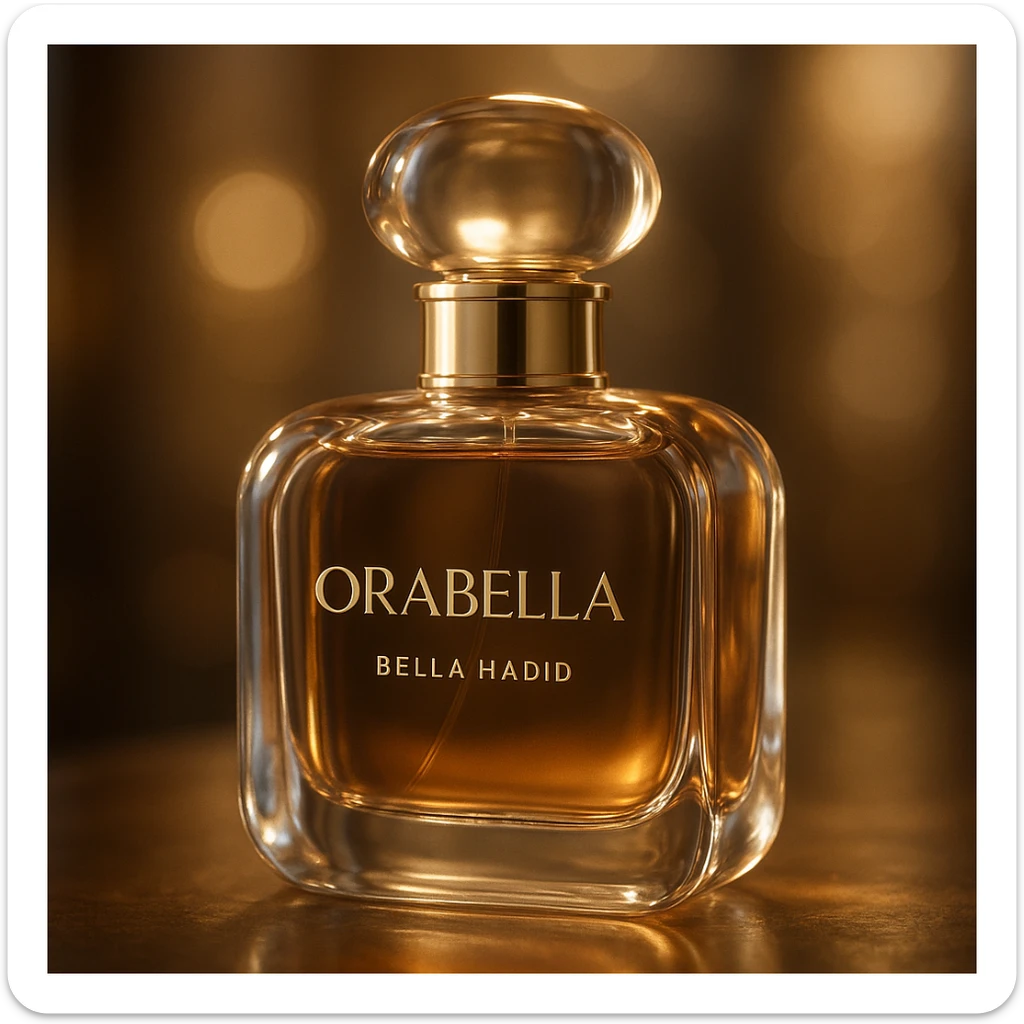 cinematic, realistic 3D rendering of the Orabella fragrance bottle by Bella Hadid, soft focus, glowing highlights, premium feel sticker