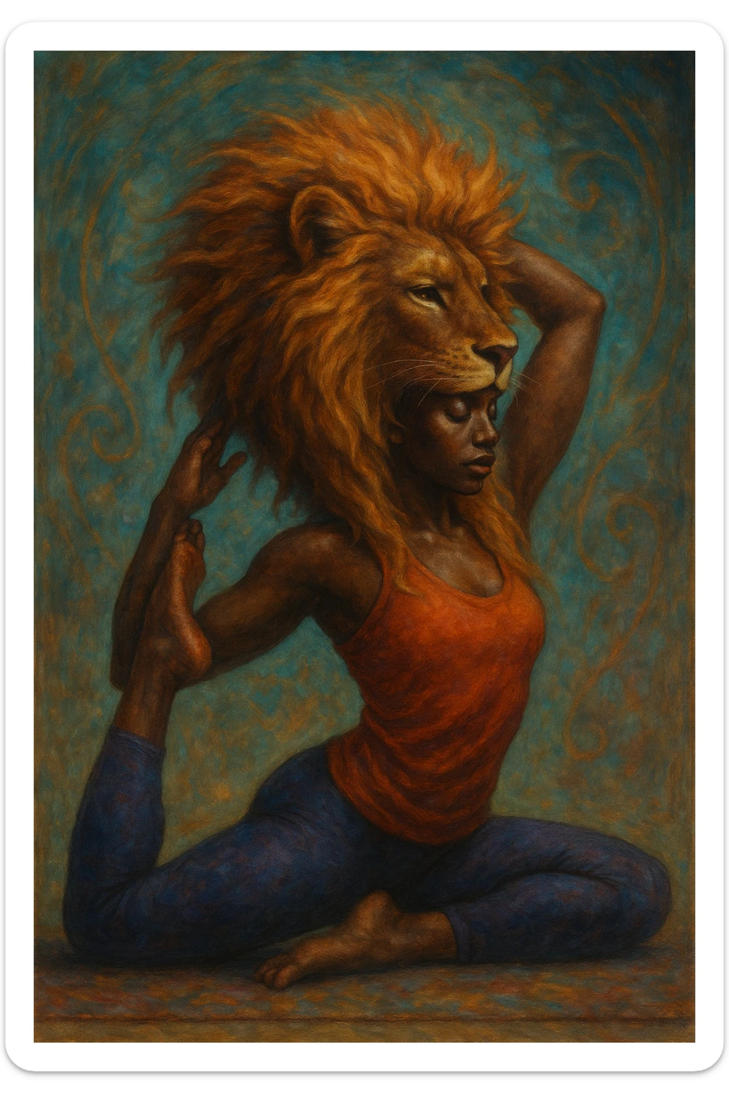 A Black woman in a yoga pose with a subtle lion mane framing her face, merging human and animal features in a graceful, empowering way. sticker