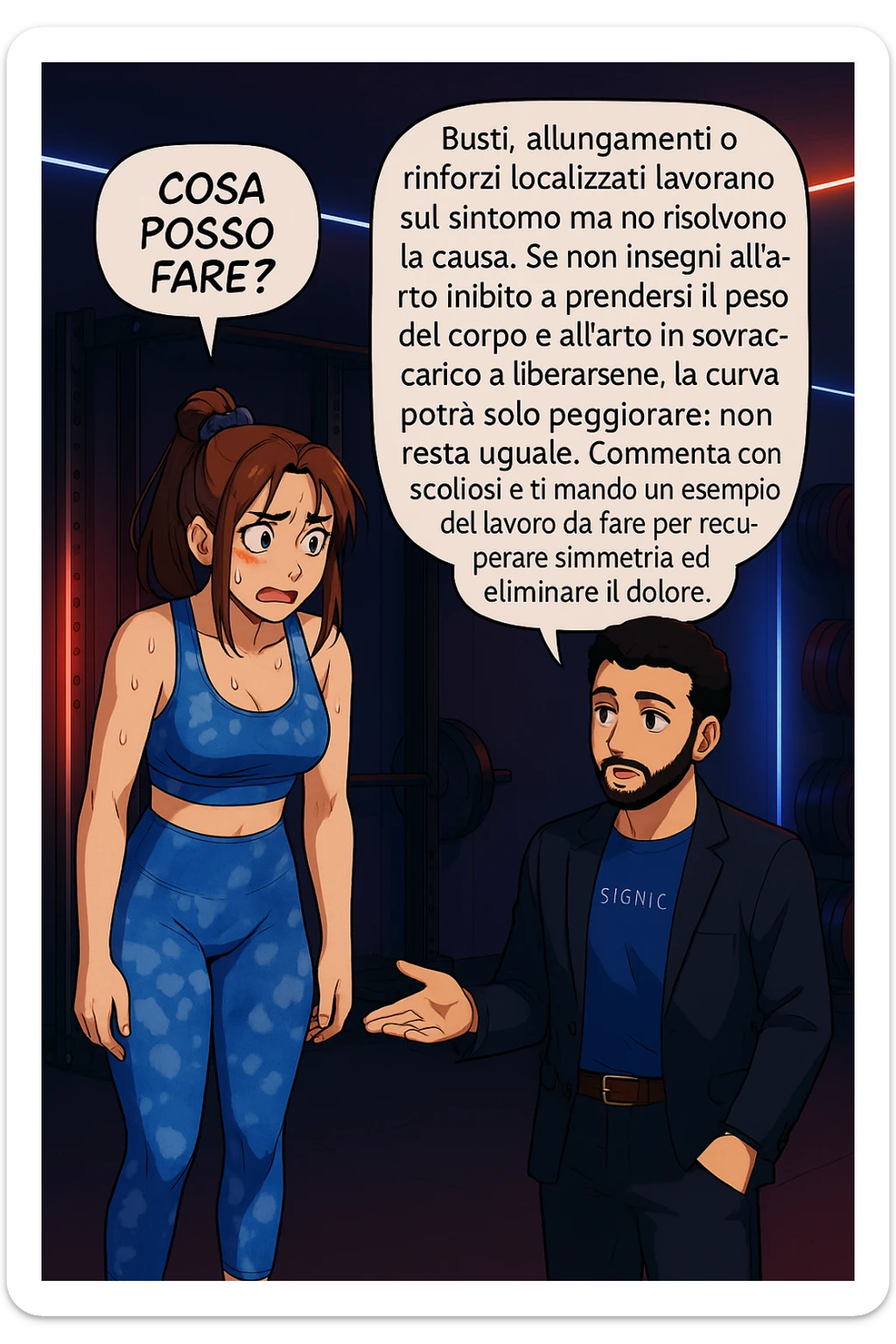 ispirati a questo stile di disegno e fai questa immagine in versione manga/webtoon a colori, il manga mostra la donna preoccupata che chiede: "COSA POSSO FARE?" E L'UOMO CHE RISPONDE: Busti, allungamenti o rinforzi localizzati lavorano sul sintomo ma non risolvono la causa. Se non insegni all’arto inibito a prendersi il peso del corpo e all’arto in sovraccarico a liberarsene, la curva potrà solo peggiorare; non resta uguale. Commenta con scoliosi e ti mando un esempio del lavoro da fare per recuperare simmetria ed eliminare il dolore. sticker