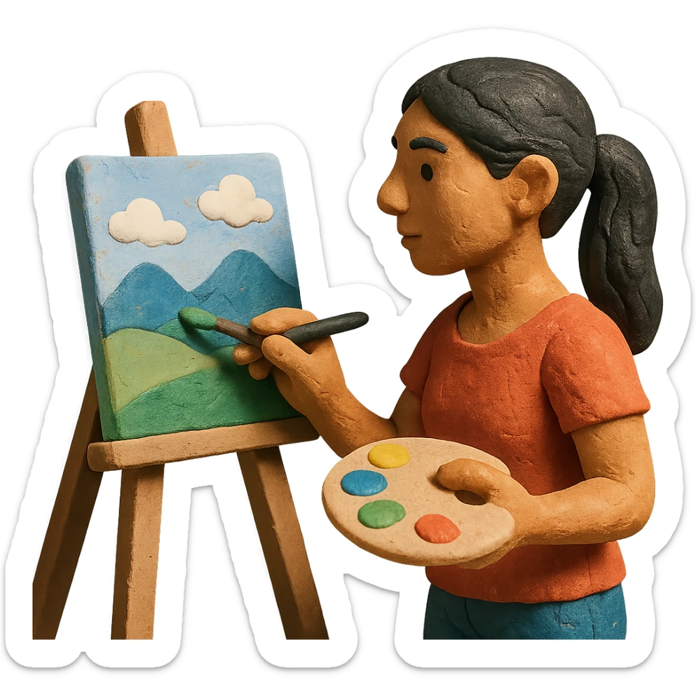tanned woman artist with long black hair in a ponytail, painting a landscape at an easel, holding a paint palette and brush, claymation style sticker
