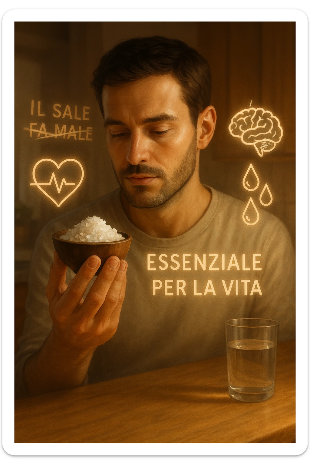 A realistic, cinematic illustration of a man in his early 30s holding a small bowl of unrefined sea salt in his hand, looking at it with awareness and respect. Around him, glowing minimalistic symbols of a beating heart, a brain, and hydrated cells appear, indicating the essential role of sodium in hydration, nerve conduction, and overall cellular health. In the background, faint text or floating words show the false myths: ‘Il sale fa male’, crossed out gently, while the phrase ‘Essenziale per la vita’ glows softly. The setting is a warm, softly lit kitchen with a glass of water nearby, emphasizing balance. The color palette is warm, natural, and calming, emphasizing that salt, when used consciously, is vital for human health, against common misconceptions demonizing it. sticker