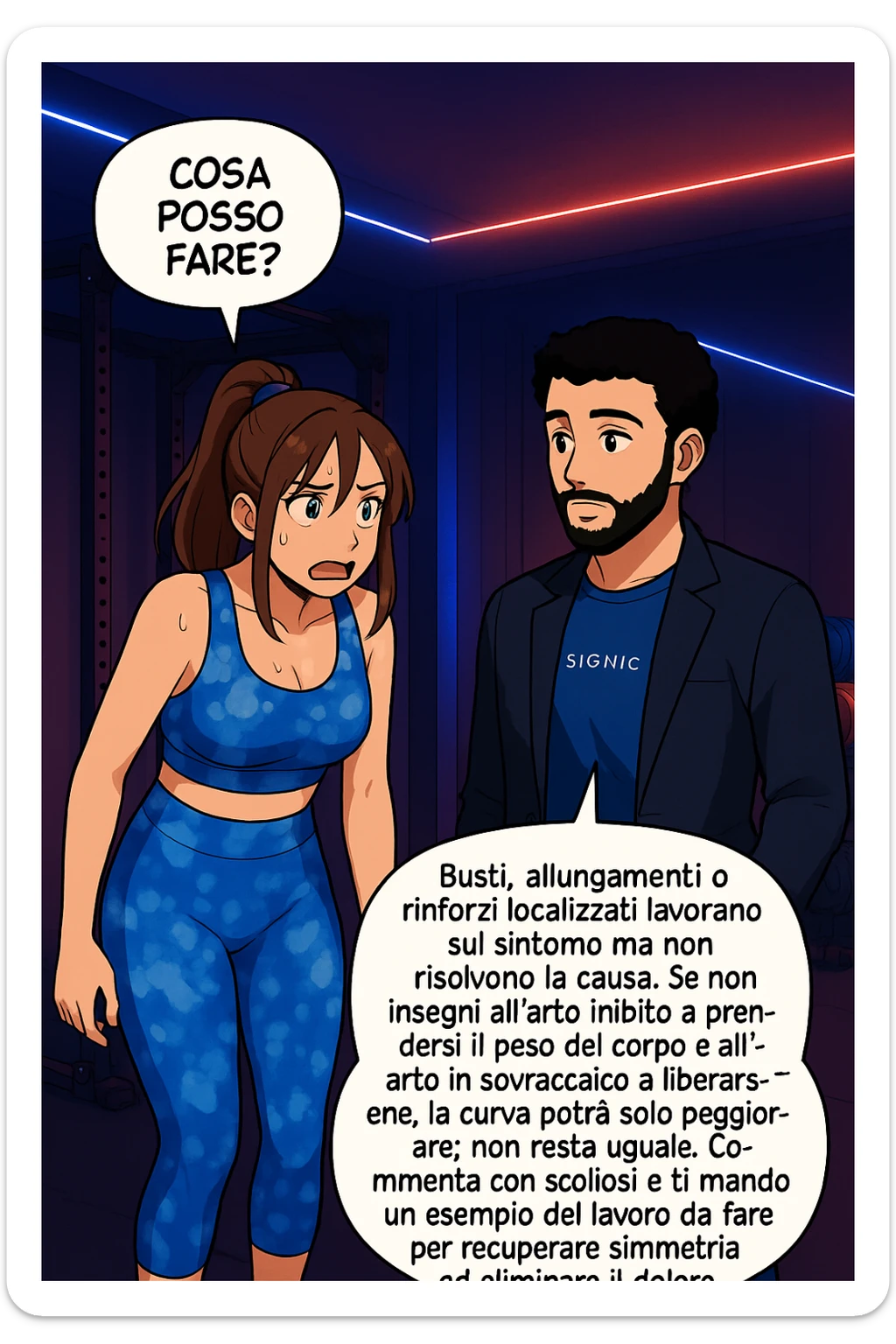 ispirati a questo stile di disegno e fai questa immagine in versione manga/webtoon a colori, il manga mostra la donna preoccupata che chiede: "COSA POSSO FARE?" E L'UOMO CHE RISPONDE: Busti, allungamenti o rinforzi localizzati lavorano sul sintomo ma non risolvono la causa. Se non insegni all’arto inibito a prendersi il peso del corpo e all’arto in sovraccarico a liberarsene, la curva potrà solo peggiorare; non resta uguale. Commenta con scoliosi e ti mando un esempio del lavoro da fare per recuperare simmetria ed eliminare il dolore. sticker