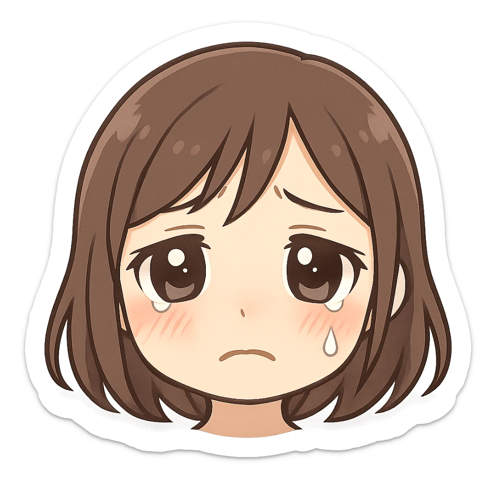 sad anime-style girl emoji with glossy eyes and a single tear on her cheek, pink cheeks, pastel blue-gray background with subtle sparkles, soft crying, emotional, sensitive style sticker
