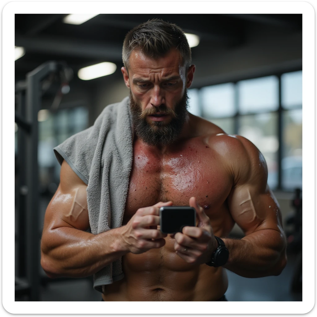 hyperrealistic 4K image of a muscular man in his 30s, mid-cardio, clutching heart rate monitor, face red, sweat everywhere, gym towel soaked, eyes wide with anxiety and stress, gym environment sticker