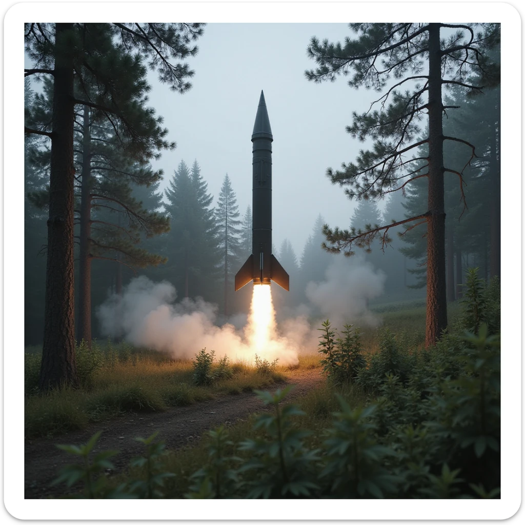 realistic ballistic missile, Photorealism, in a forest landscape sticker
