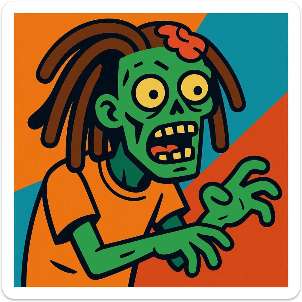 zombie with dreads, cartoon style, green skin, vibrant toon style sticker