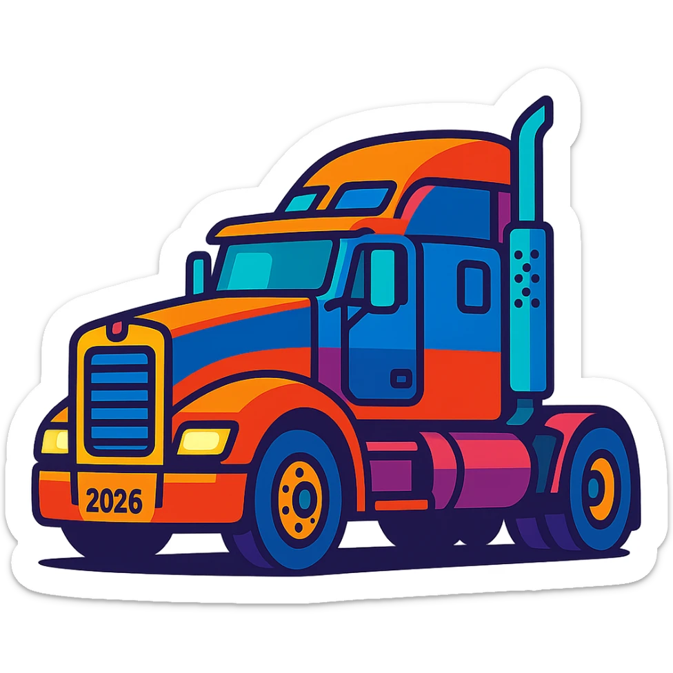 2026 Kenworth Sleeper semi truck, side view, headlights on, vibrant cartoon style, no background sticker