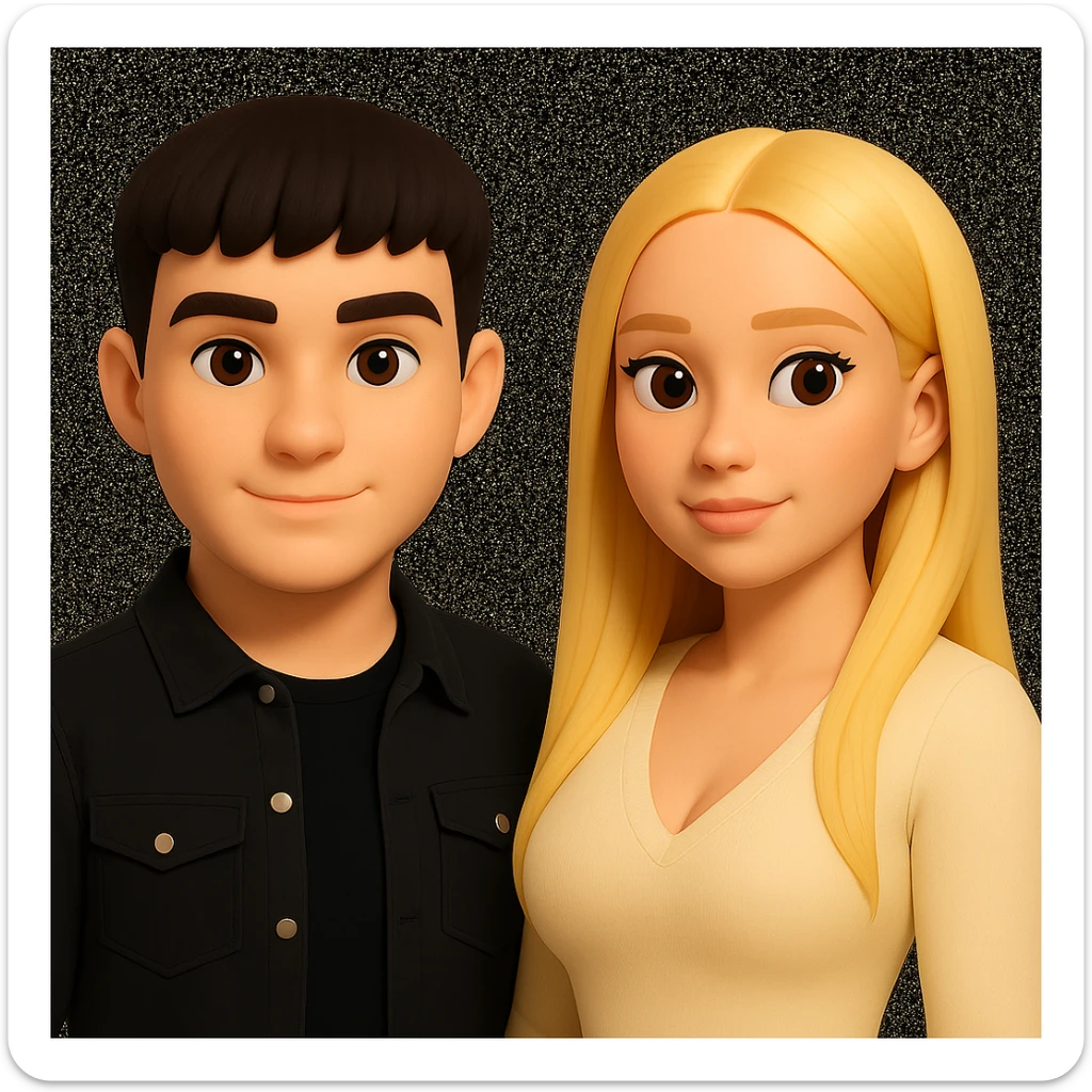 Slightly increase the volume of the upper body of the girl, separate the girl and the boy from each other, and make the skin color the same for both characters. Maintain the cartoonish 3D style in the image. sticker