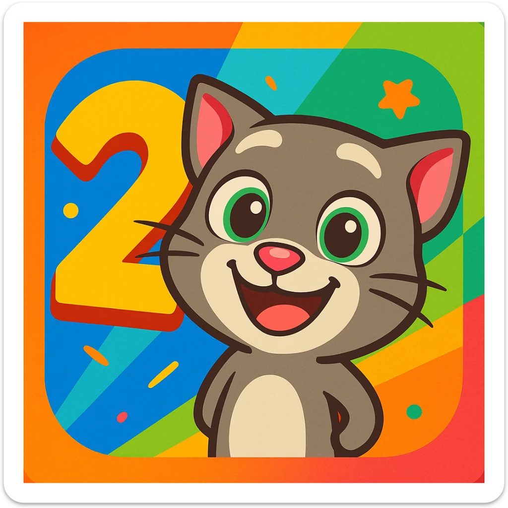 My Talking Tom Friends 2 inspired app icon, big number 2 and happy cartoon cat, playful inviting design sticker
