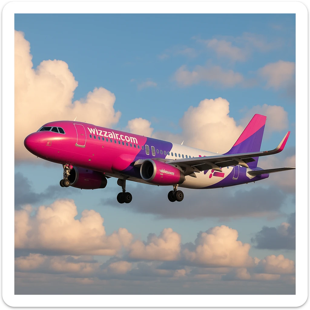 Wizz Air Airbus A320 airplane, flying in the sky, pink and purple colors, clouds sticker