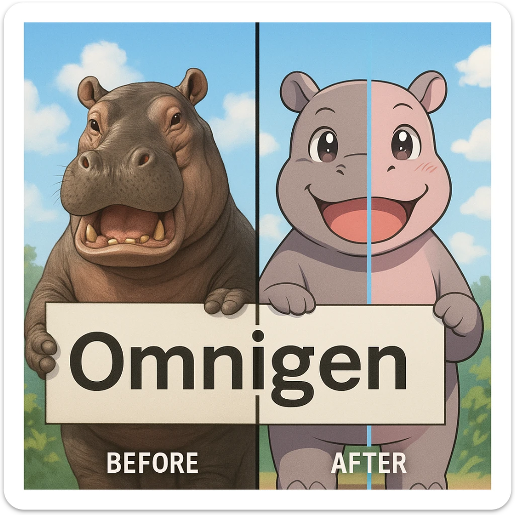two hippo holding sign of omnigen, half picture 1 hippo is realistic another half is the anime of that same second hippo, with before after mark sticker