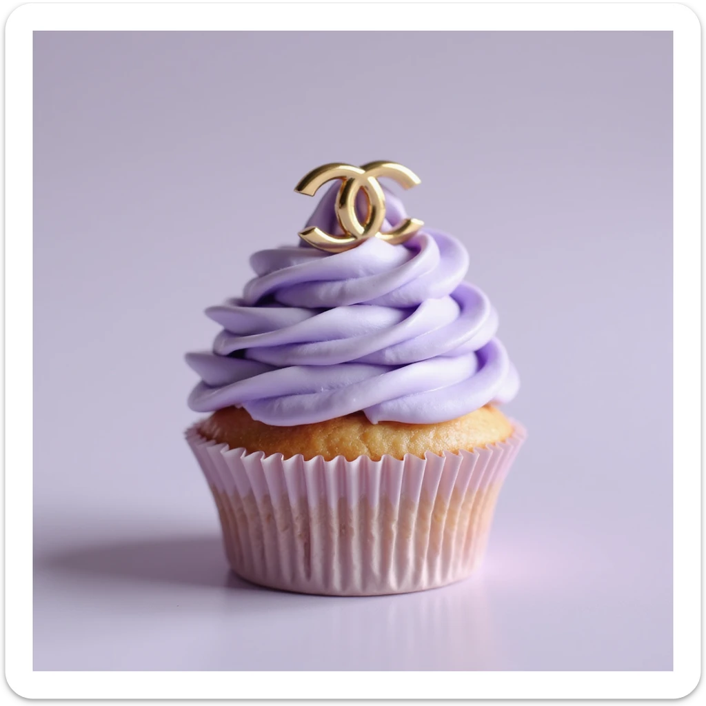 photorealistic pastel lavender Chanel cupcake with a gold logo accent, luxury style, no background sticker