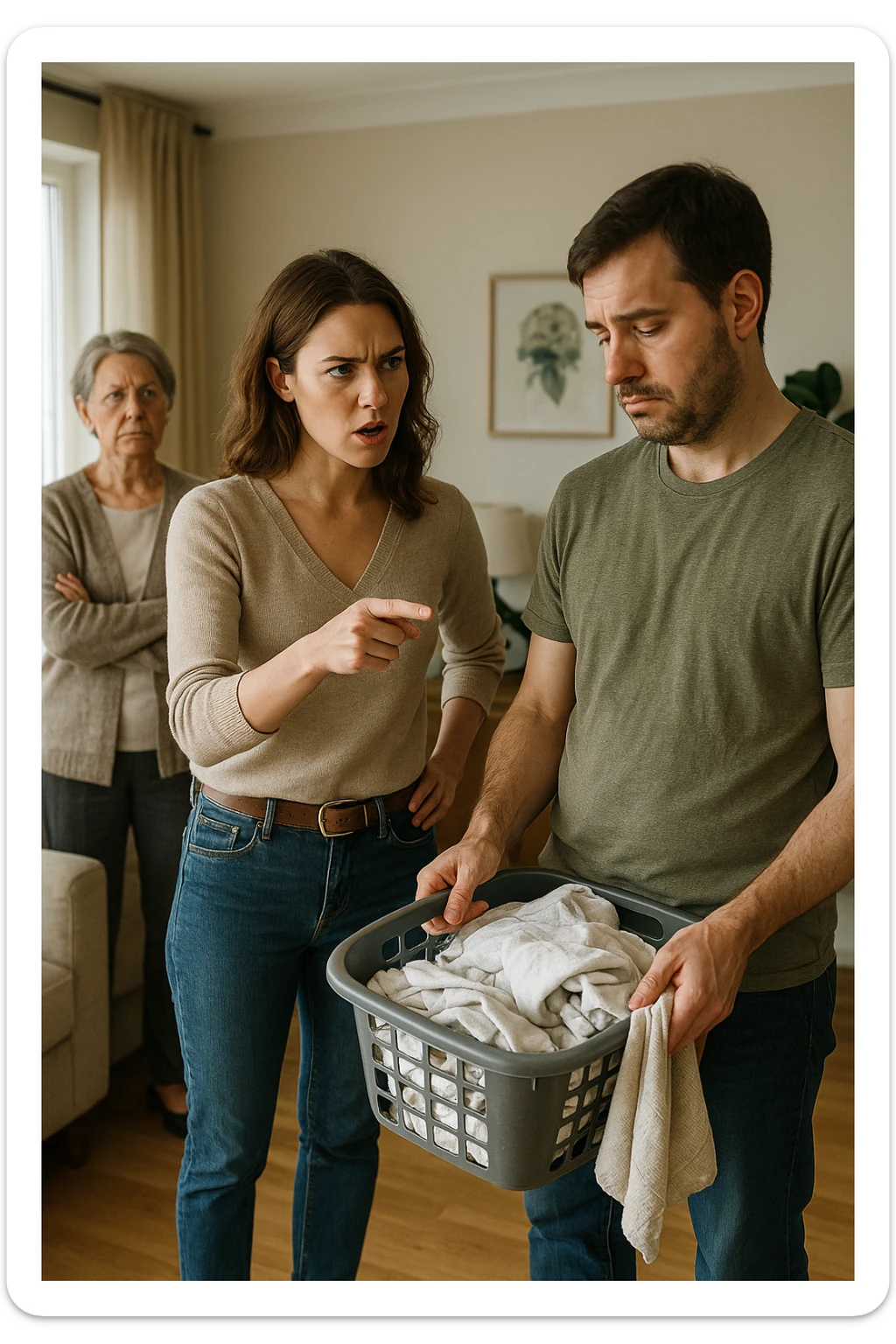a woman stands assertively in the center of a living room, giving clear instructions to her partner. The man, with a submissive and resigned expression, follows her directions, perhaps holding household items or performing a chore. Behind them, an older woman (the mother-in-law) stands with crossed arms and a disapproving look, watching the scene unfold. The lighting is natural, and the atmosphere is tense but realistic. sticker