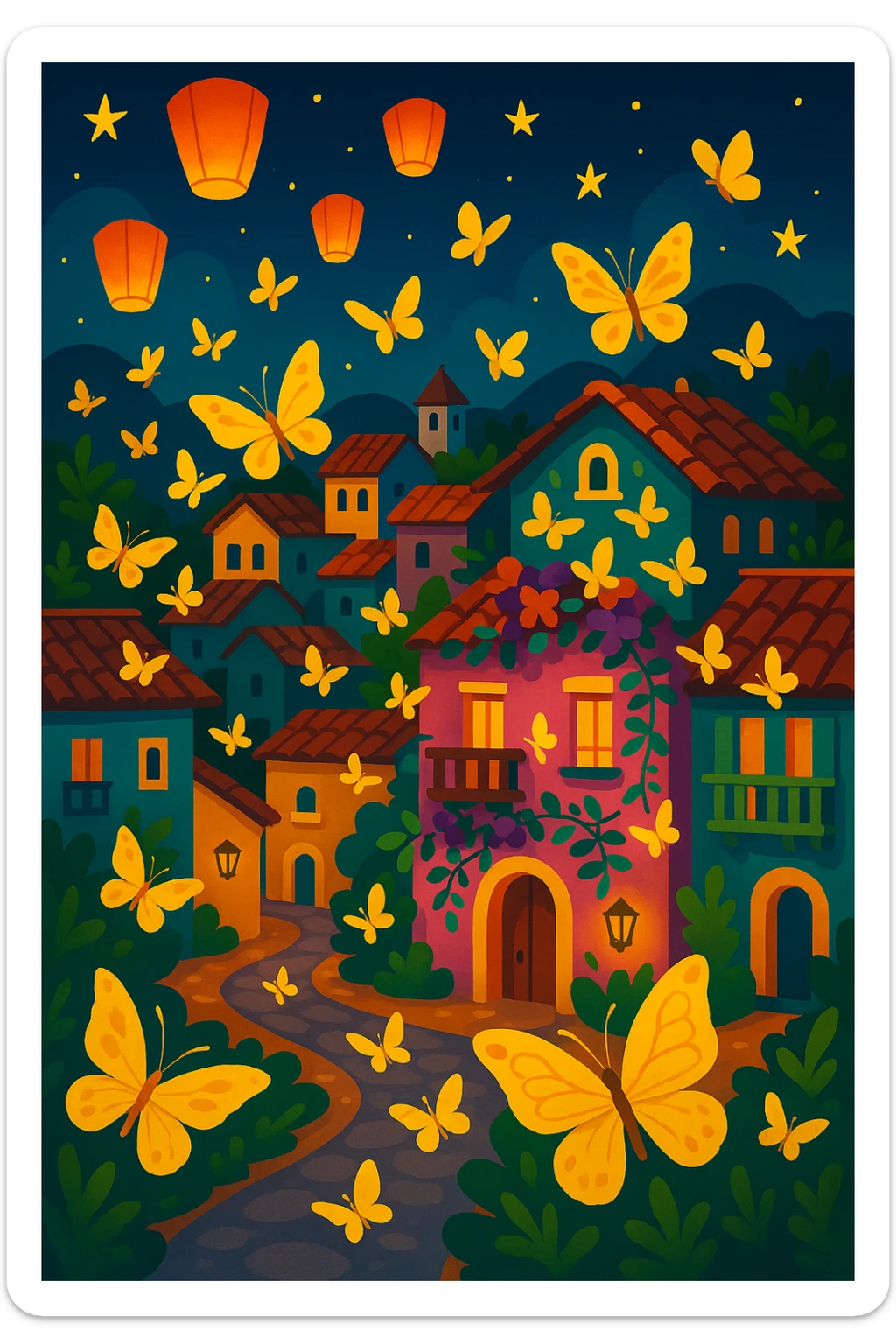Add yellow butterflies fluttering around the mystical Colombian village, enhancing the magical realism atmosphere in a vibrant toon style. sticker