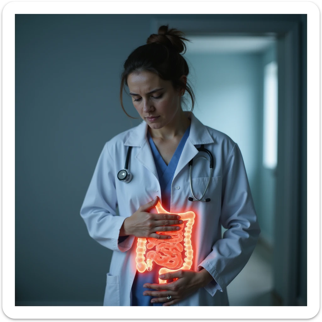 hyperrealistic 4K image of a woman in a medical coat, tired face, hand on abdomen, intestine highlighted in transparency with red inflamed areas, clinical environment sticker