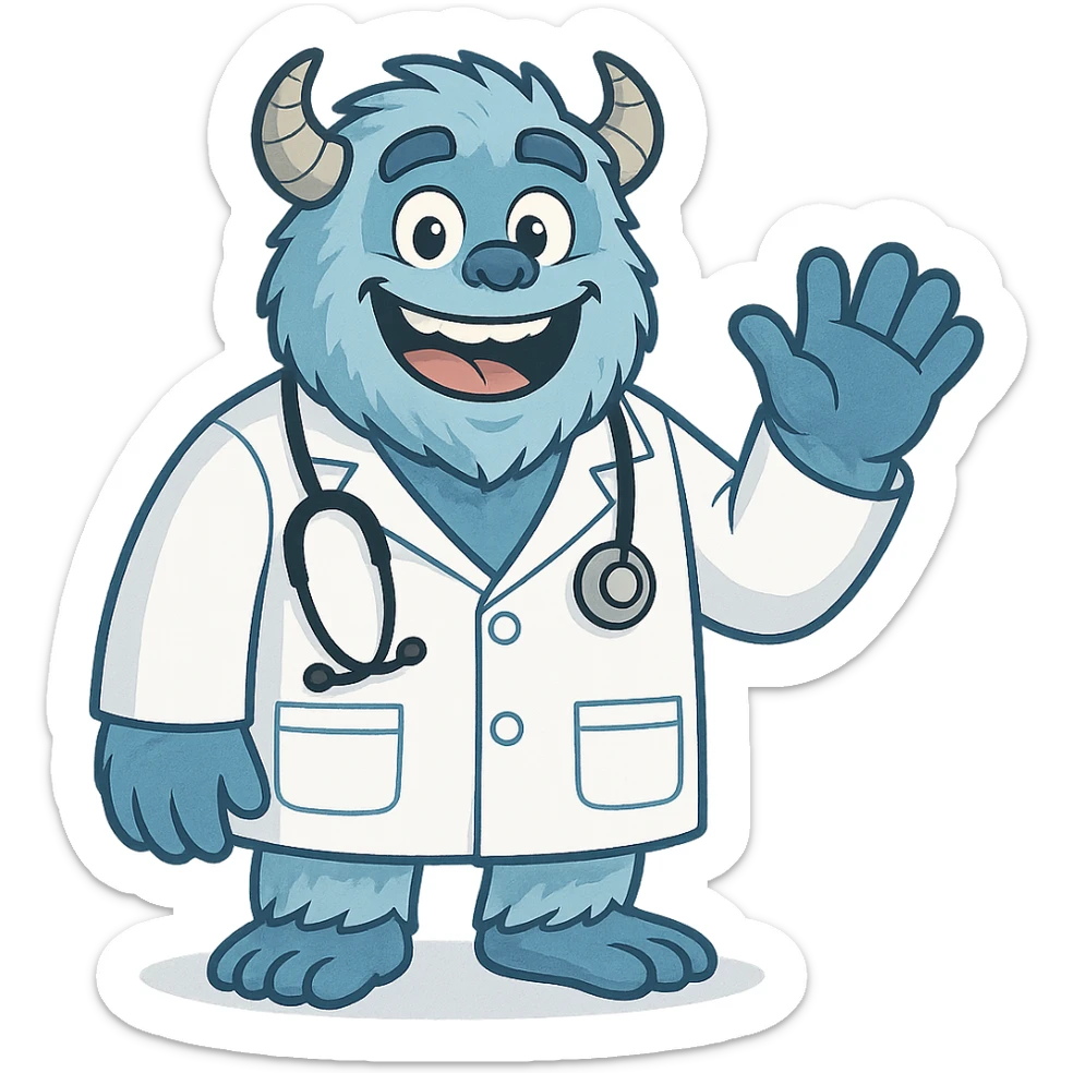 blue yeti with a big smile, in a doctor's white coat, stethoscope around neck, friendly and welcoming sticker