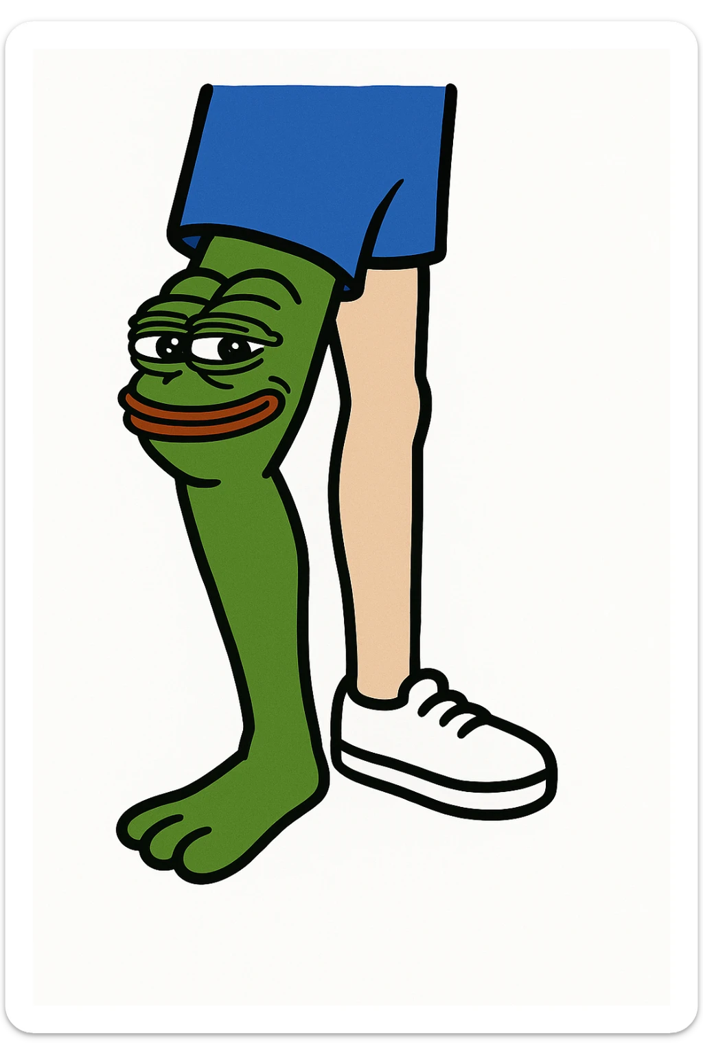 Edit the left leg to look like Pepe the Frog's leg in green color, cartoon style, capturing the characteristic look of Pepe the Frog's leg. sticker