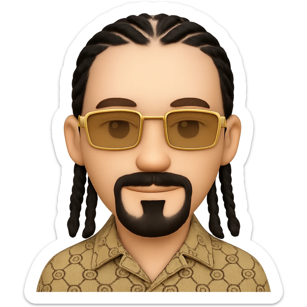emoji of a thin-faced smiley with light skin, chin-only beard, mustache above upper lip, no hair under lower lip, intricate black braids, gold rectangular sunglasses, beige GG patterned shirt with collar, transparent background, match reference photo details sticker