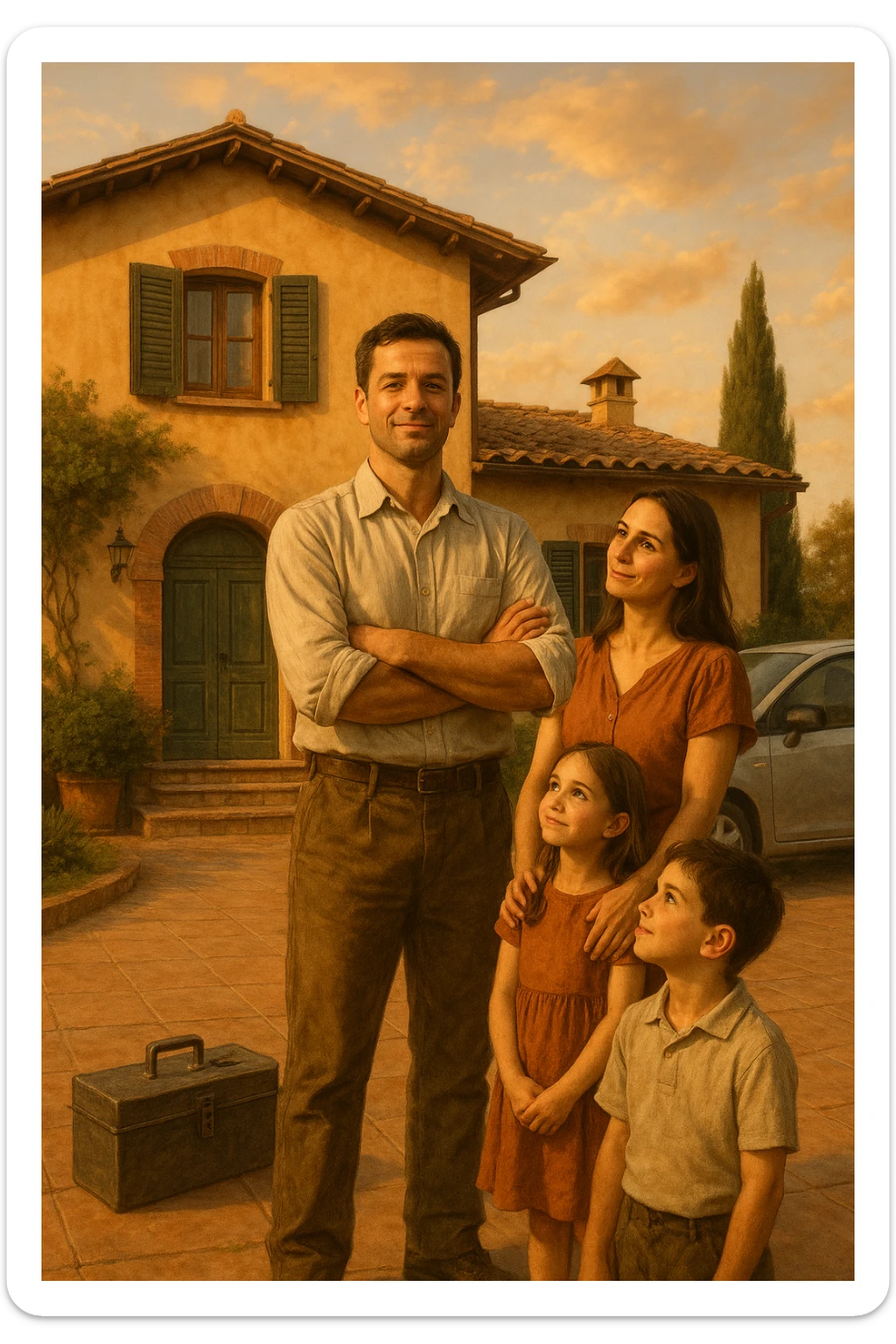 Uomo tra i 35 e i 45 anni, in piedi con postura fiera davanti alla sua casa, circondato dalla famiglia: moglie e figli lo guardano con rispetto e affetto. Indossa abiti semplici ma ordinati, simbolo di lavoro e stabilità (camicia, pantaloni, magari una cassetta degli attrezzi o una valigetta vicino). Sullo sfondo elementi che richiamano i suoi ruoli: casa ordinata, auto familiare, strumenti di lavoro, simboli di protezione e presenza. Espressione serena, forte ma accogliente. Colori caldi, luce naturale del tramonto. Stile realistico, atmosfera rassicurante e simbolica in italia, immagine realistica sticker