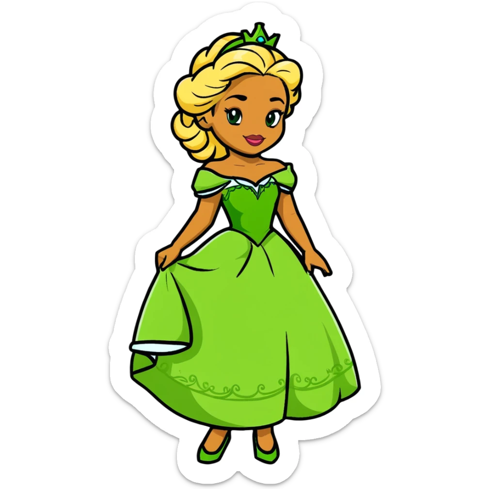 Disney Princess Tiana with super long blonde curly hair, green princess dress sticker
