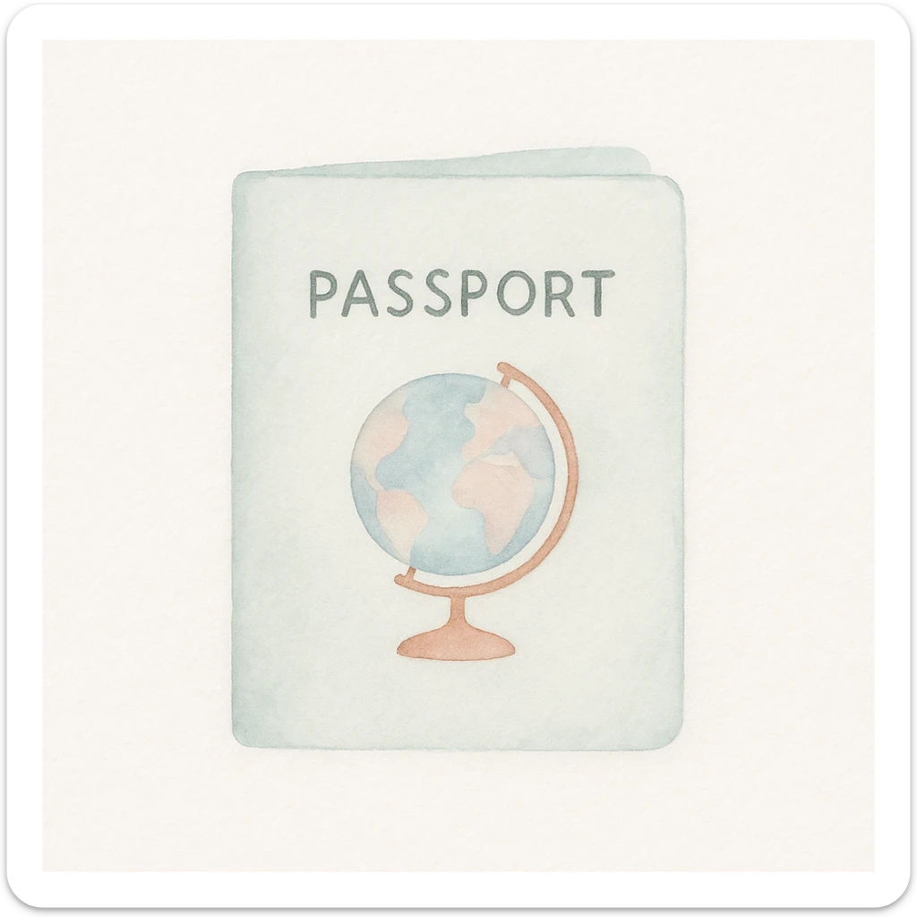 soft watercolor illustration in a minimalist modern style, pastel colors, delicate linework, gentle whimsical mood, minimal soft shading, passport sticker