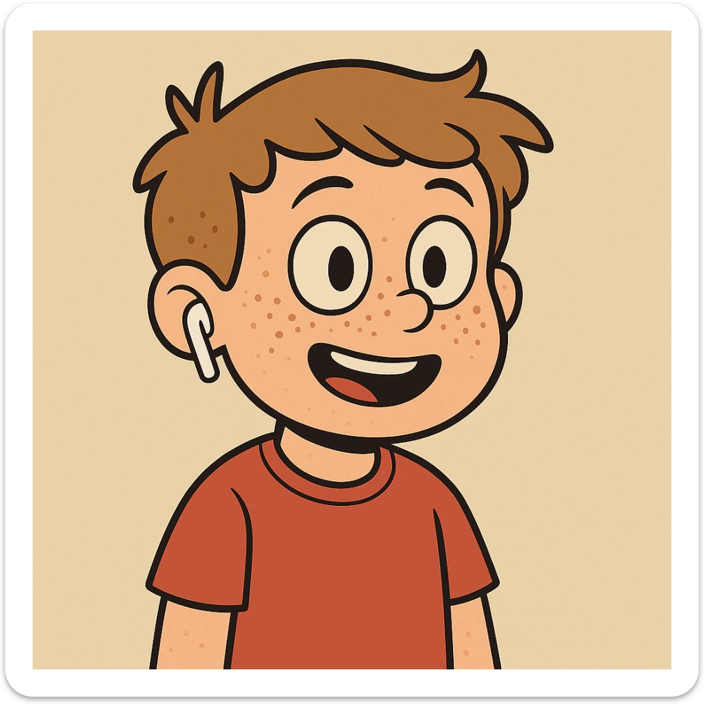 Add freckles to the boy's face and one AirPod in his right ear, keep the cartoon style consistent with flat toon style. sticker
