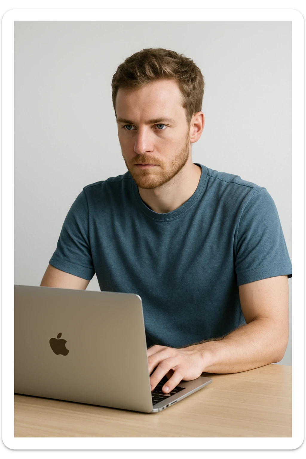 Blue-eyed European man typing on a MacBook, casual attire, minimalistic scene sticker