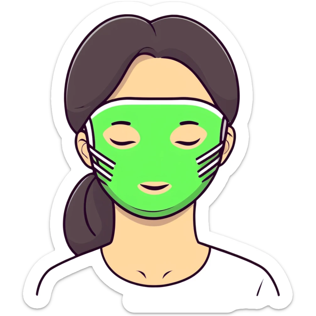 Girl with closed eyes sleeping with green beauty face mask on, relaxing self care moment sticker