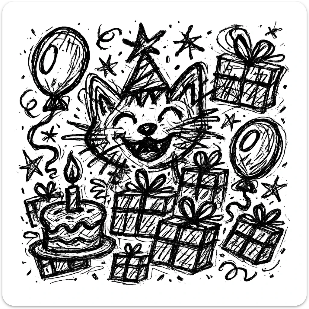 Add more gifts around the kitten, keeping the chaotic outlined style and all original elements intact sticker