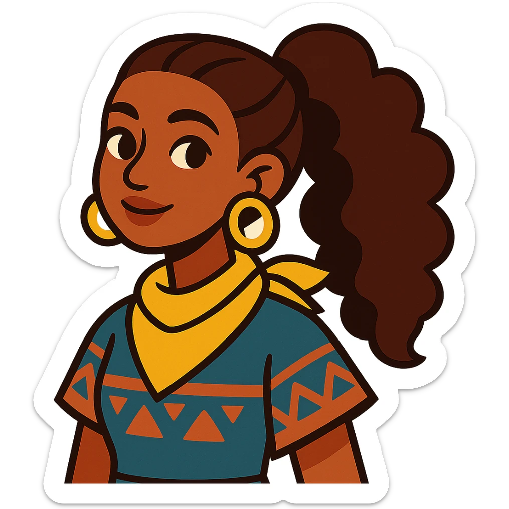 boho girl with brown skin, long curly brown hair in a high ponytail, lemon yellow scarf, round earrings sticker