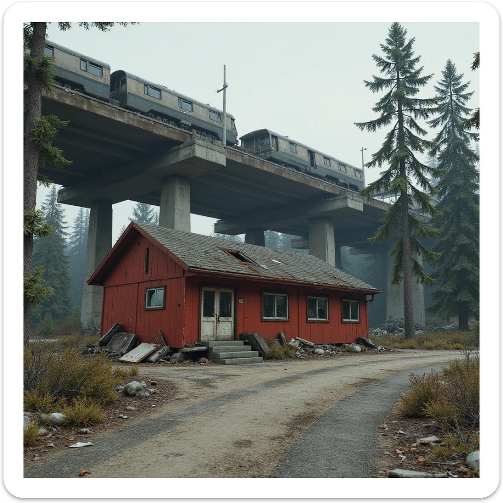  a screenshot of a location in a videogame  the image of the scene consists of:  [above-ground train freeway partially collapsed], a red 1980's construction wooden motel painted red, surrounded by war-torn pollution wreckage, wooded area sticker
