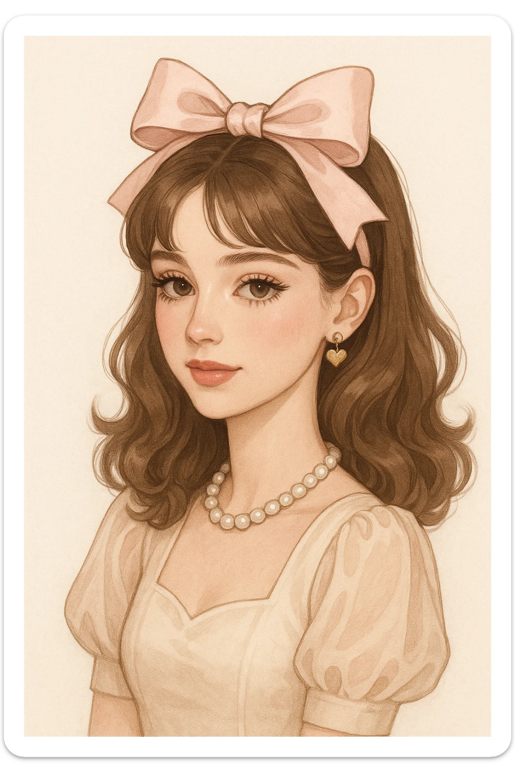 mujer coquette, estilo moderno, maquillaje suave, lazo en el cabello, fondo claro sticker